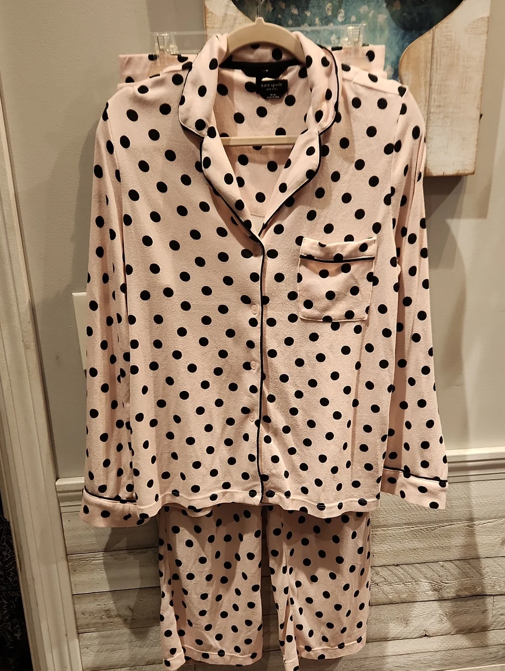 kate spade Pink and Black Polka Dot Two-Piece Pajama Set Sz M